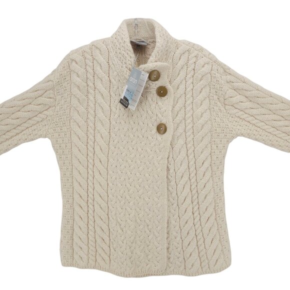 NWT ARAN Super Soft Merino Wool 3-Button Cardigan Asymmetrical Cable Knit XL - Picture 2 of 14